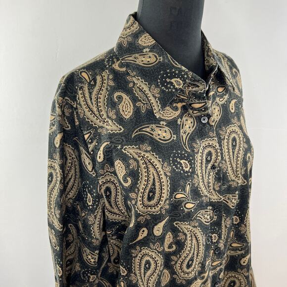 Tommy Hilfiger Black Tan Paisley Button-Up Cotton Shirt Top Long Sleeve Plus 16 - Picture 4 of 8